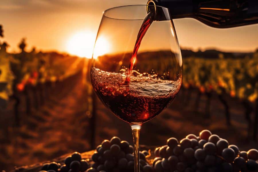 Red wine pours into a large glass at sunset with vineyard rows blurred in the background and dark grapes gathered at the base of the glass. The close view of the color and movement helps illustrate Burgundy vs Bordeaux in a way that draws attention to the wine itself.