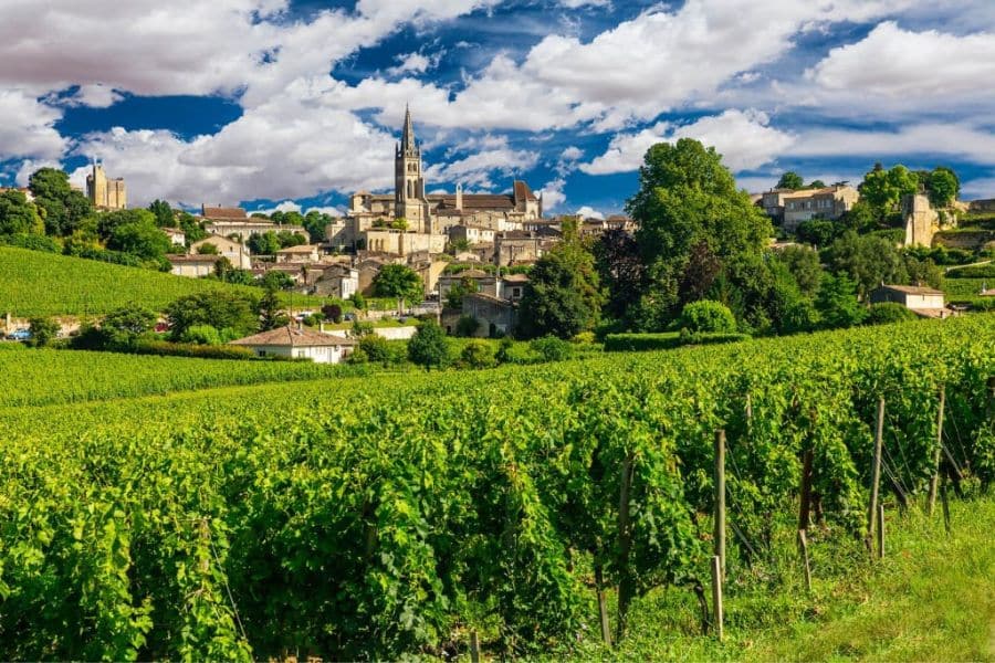 Green vineyard rows stretch across the foreground toward a hilltop village with a church spire under a bright sky filled with white clouds. The landscape gives helpful regional context for Burgundy vs Bordeaux by showing the kind of wine village and surrounding vineyards readers may associate with French wine country.