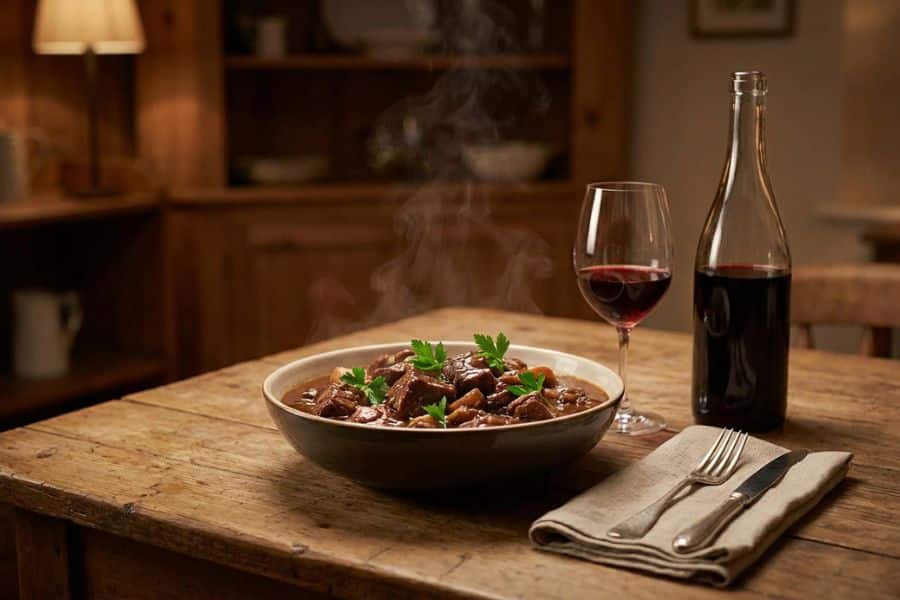 A steaming bowl of rich stew sits on a rustic wooden table beside a glass and bottle of red wine in a warm indoor dining room. This image supports Burgundy vs Bordeaux by showing how red wine is often compared through food pairings and hearty meal settings.