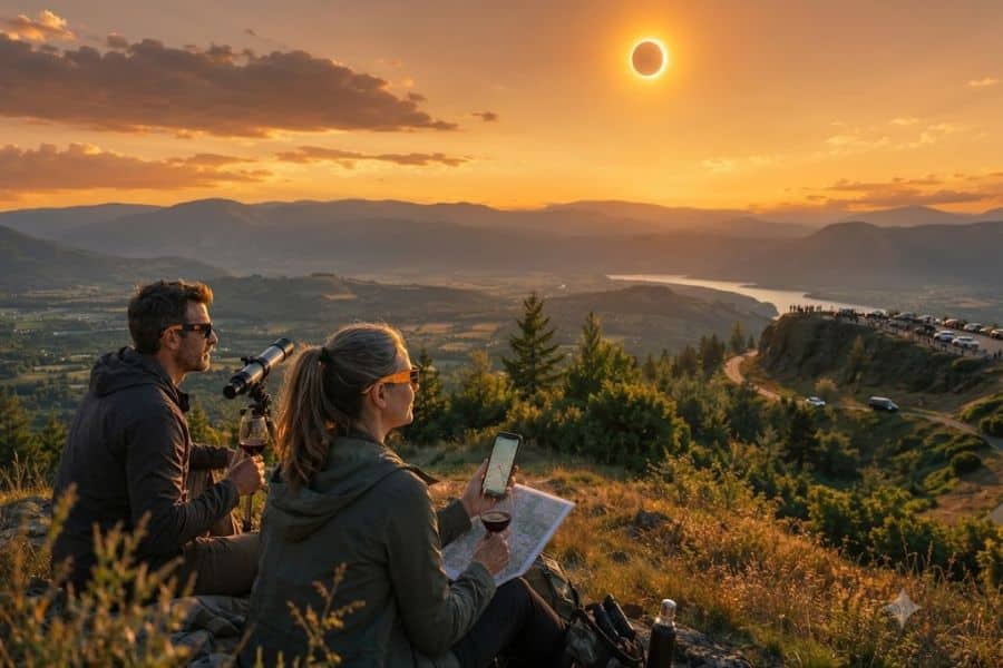 Two people sit on a scenic hillside with binoculars and a telescope as they watch a solar eclipse over a mountain valley at sunset. The landscape captures the excitement of observing a solar eclipse in France from a picturesque viewpoint.