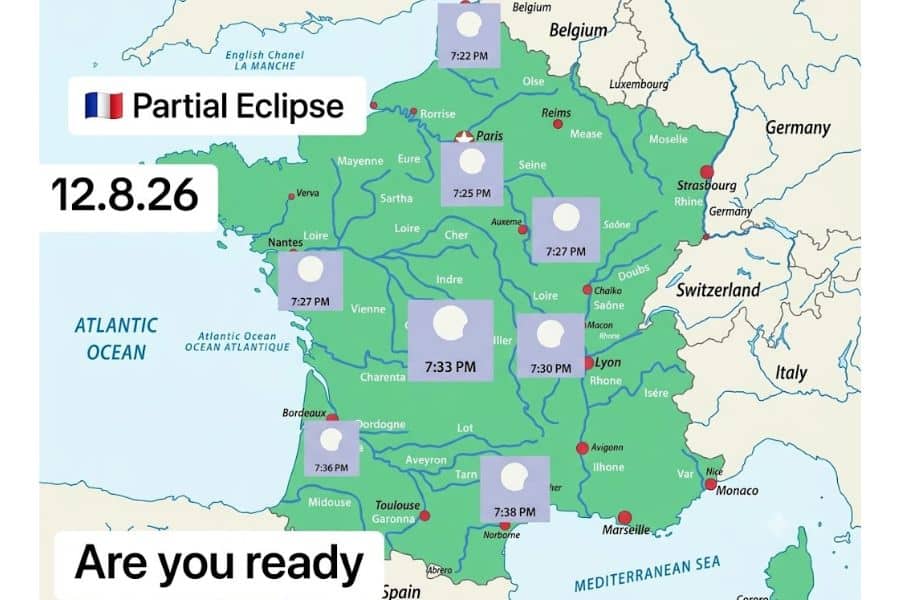 Map of France showing the areas where the August 12 2026 partial solar eclipse will be visible along with eclipse times in different cities. Text on the graphic reads